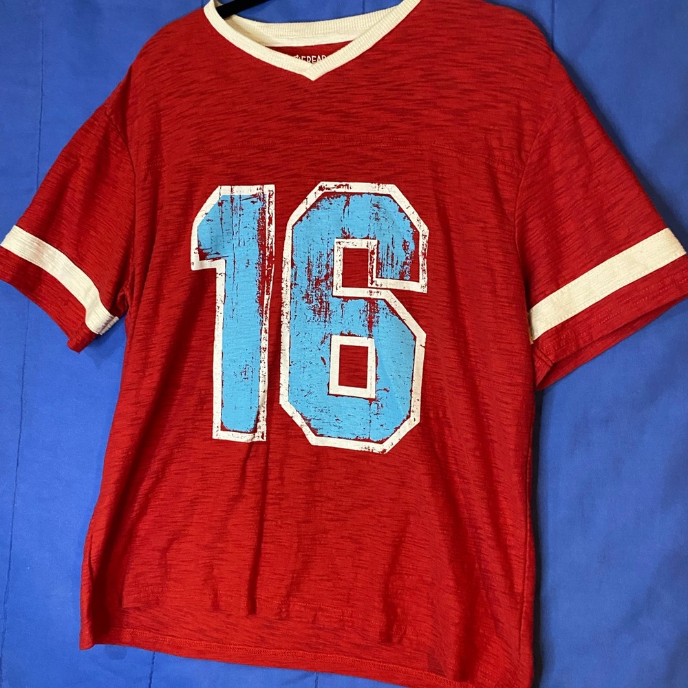 Red Short-Sleeve Kids Athletic Tee with Blue '16' Graphic